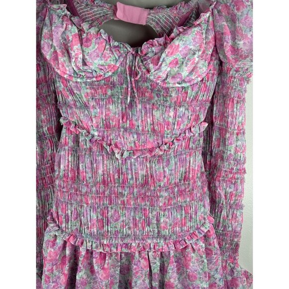 NWT For Love & Lemons Oakley Smocked Floral Mini Dress Size M Pink Purple Green - Picture 5 of 6